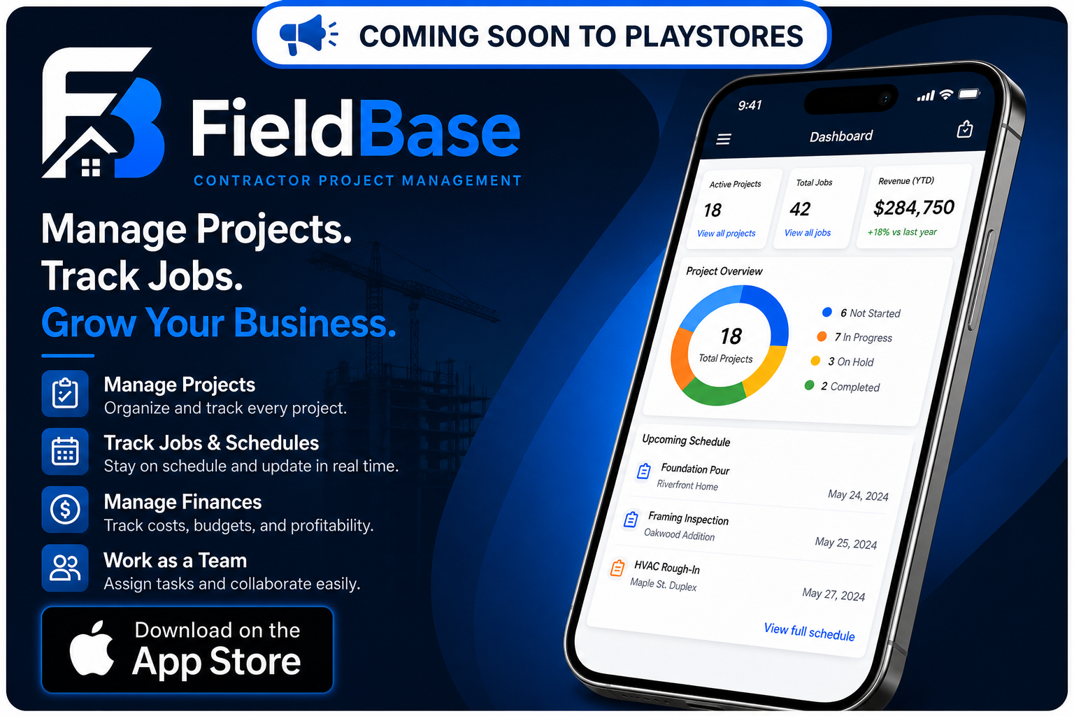 FieldBase contractor project management dashboard preview showing projects, schedules, finances, receipts, and mobile app views