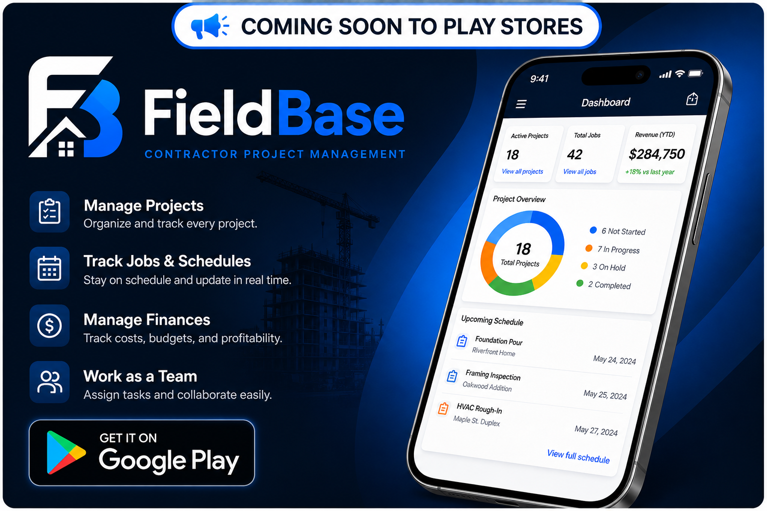 FieldBase contractor project management dashboard preview showing projects, schedules, finances, receipts, and mobile app views